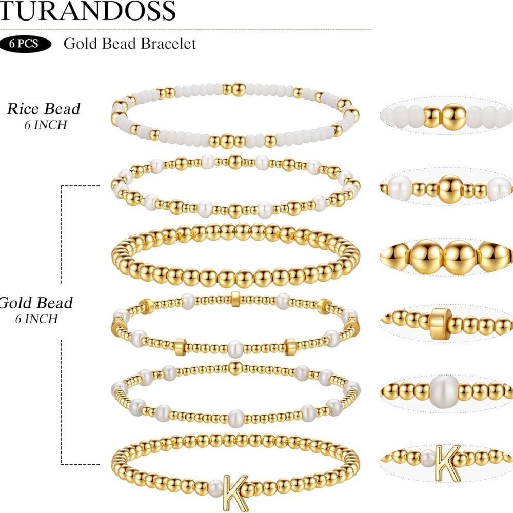 Beaded Initial Bracelets Women Girls Jewelry Gifts 6PCS Set Elastic Stackable - Picture 6 of 9